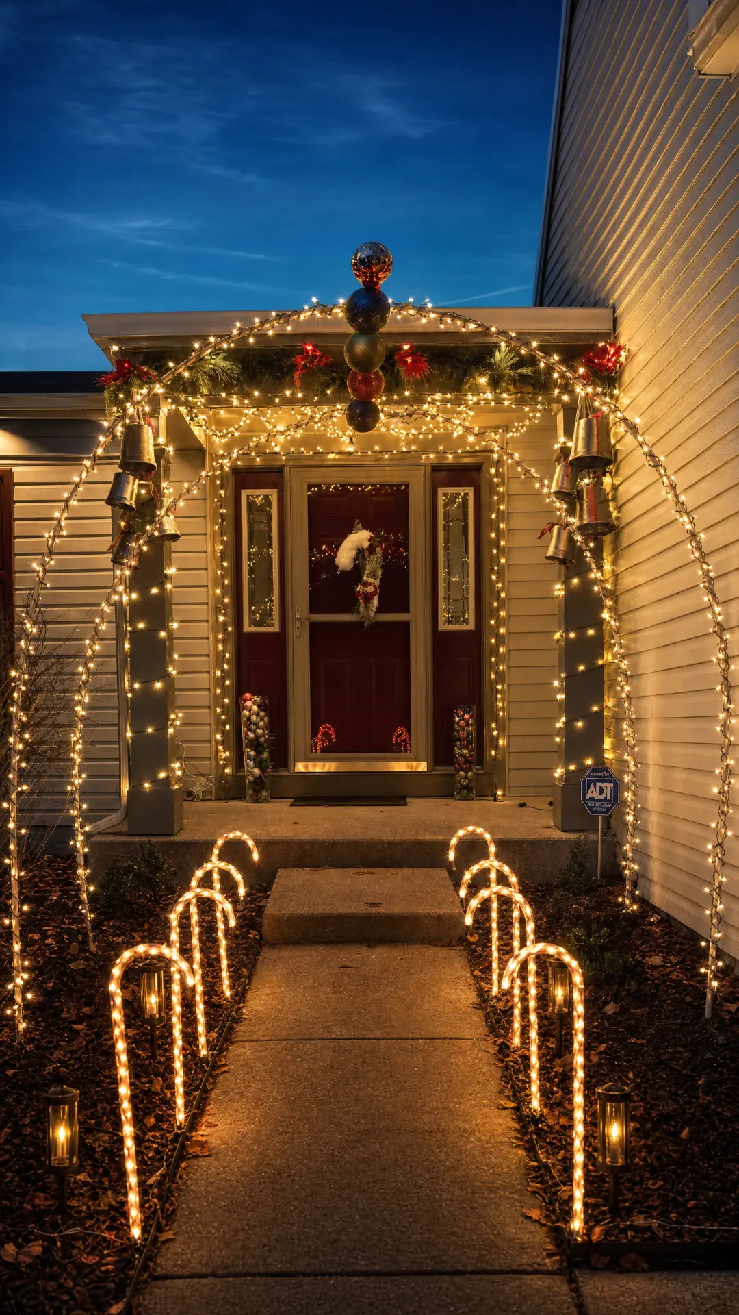 Front entry with lit arches, candy cane walkway lights, and garland at dusk