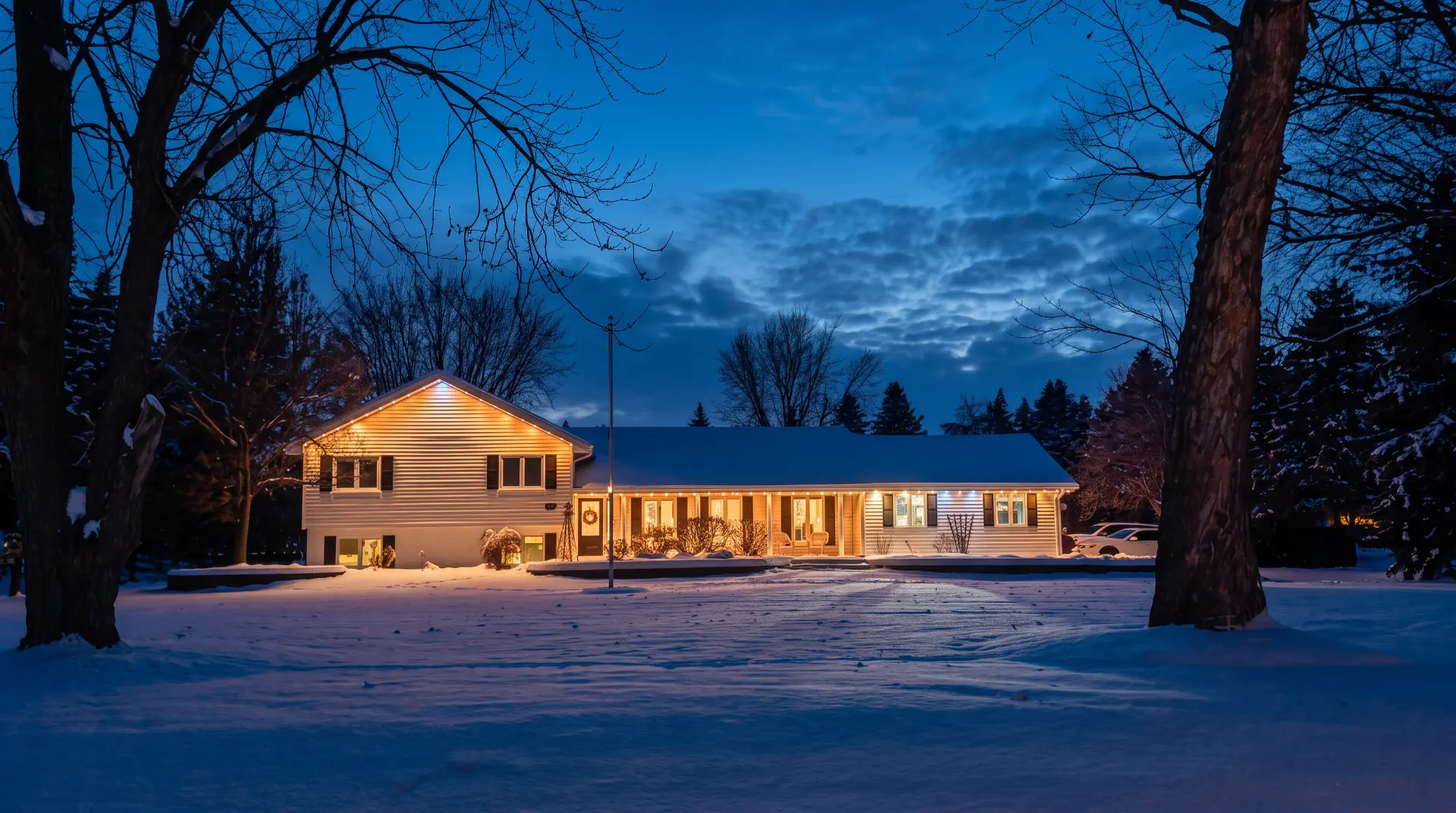 Snowy split-level home at dusk with warm white roofline and porch lighting