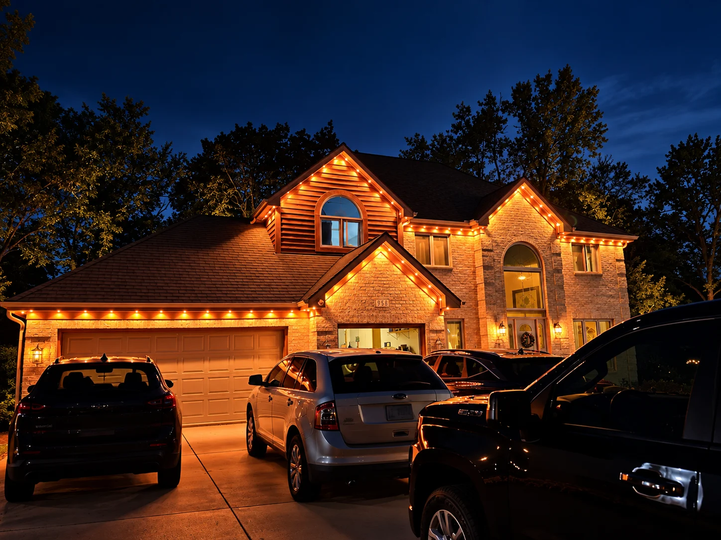Two-story brick and siding home with warm white lights outlining the roof and gables at dusk