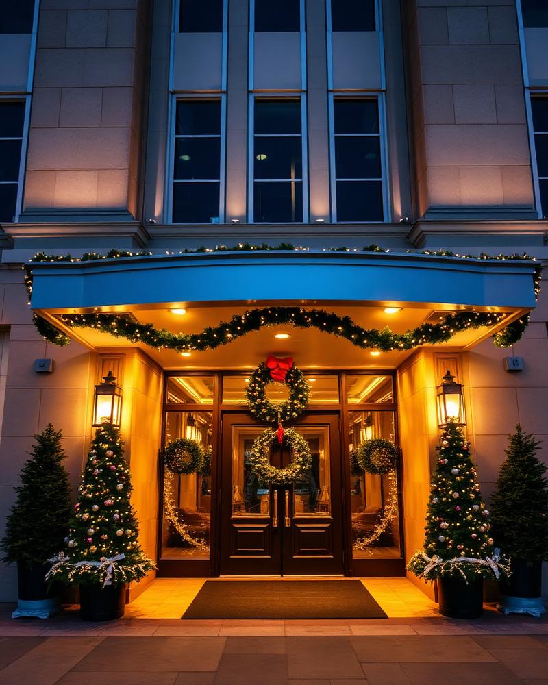 Commercial building entrance with lit wreaths and garland