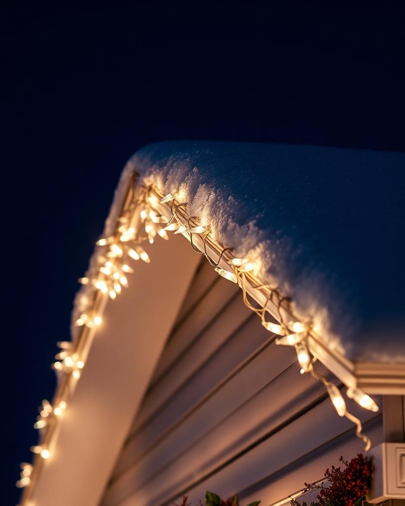 Close up of aligned LED lights on a snowy gable