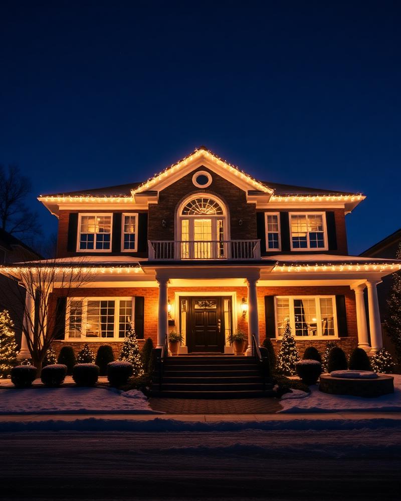 Elegant suburban home with full roofline holiday lighting