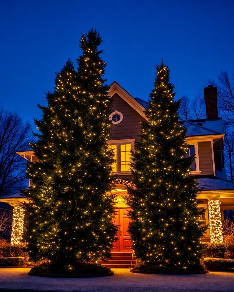 Holiday lighting wrapped around tall evergreen trees